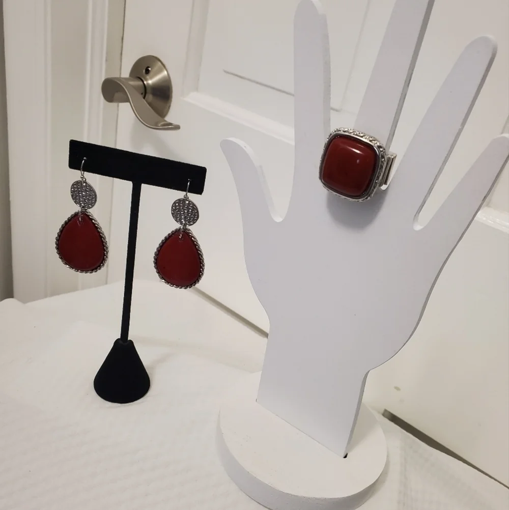 Mixit Red & Silvertone Dangle Earrings And Matching Ring Set, Boho, Aztec